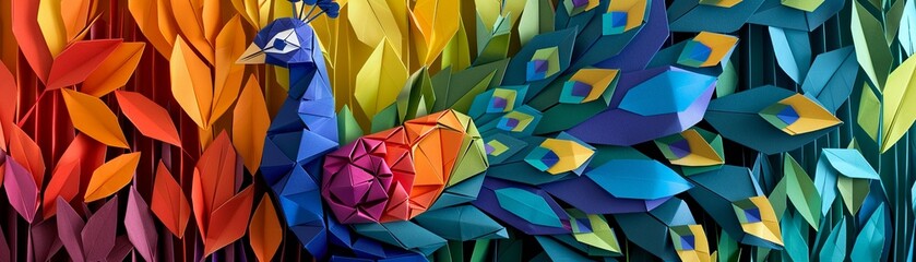 Peacock origami vibrant rainbow hues