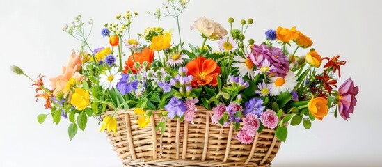 Fototapeta na wymiar Basket of spring flowers arranged in a white background