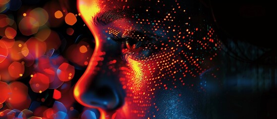 Womans face with digital code neon reflections