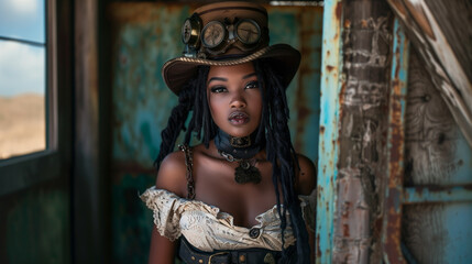 Black Woman in Vintage Steampunk Outfit
