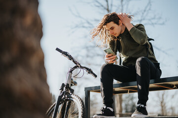 A young male cyclist rests on a bench in a sunny park, deeply engrossed in his smart phone, with his bike parked beside him.