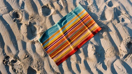 An aerial view of a striped beach towel laid out on the sand - obrazy, fototapety, plakaty