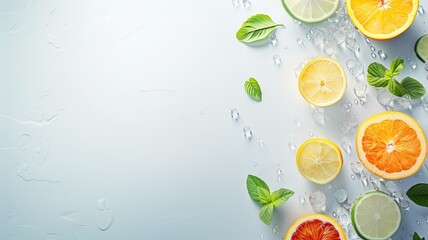 Fresh citrus fruits and mint leaves on wet surface