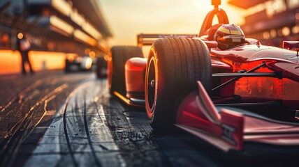 Red single-seater race car on track at sunset - obrazy, fototapety, plakaty
