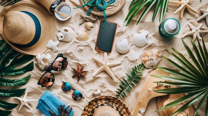 An arrangement of summer vacation accessories laid out on a tropical sandy beach, presenting a flat lay top view of holiday lifestyle objects