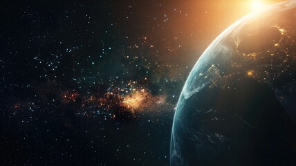 Planet Earth from space with sun horizon and starry background
