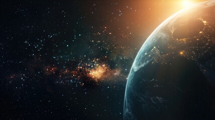 Fototapeta premium Planet Earth from space with sun horizon and starry background