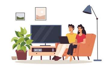 Couple of young people watching TV. Man and woman in a cozy atmosphere watch a movie. Stay at home. Advertising streaming service or online cinema. 3D avatars set vector icon, white background, black 