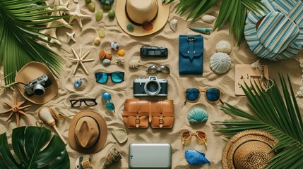 An arrangement of summer vacation accessories laid out on a tropical sandy beach, presenting a flat lay top view of holiday lifestyle objects - obrazy, fototapety, plakaty