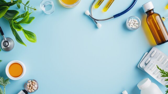 Various medical supplies and natural remedies on blue background
