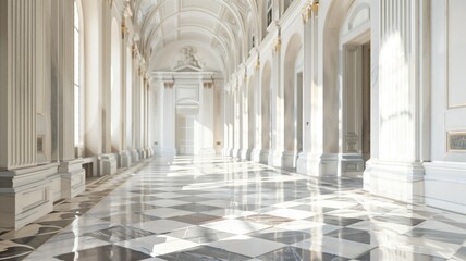 Elegant white and gray hall with columns checkered floor, bathed in natural light