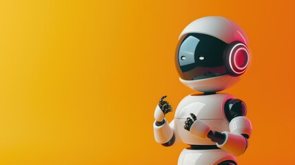 3D illustration of humanoid robot with white exterior and black visor on orange background - obrazy, fototapety, plakaty