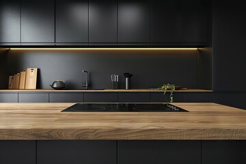 luxurious modern minimalist kitchen with black cabinets and wooden table closeup view 3d rendering