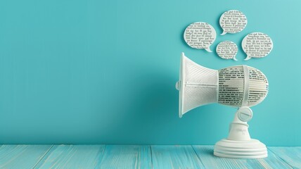 White megaphone with text bubbles against blue background, concept of communication or announcement