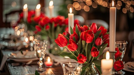 Decorate the table with vibrant red tulips flickering candles and a beautifully designed voucher featuring elegant lettering - obrazy, fototapety, plakaty