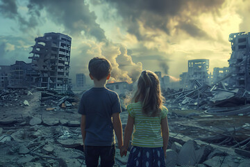 Obraz premium Little boy and girl, sad alone children, ruined house, destroyed city street post apocalyptic scene.
