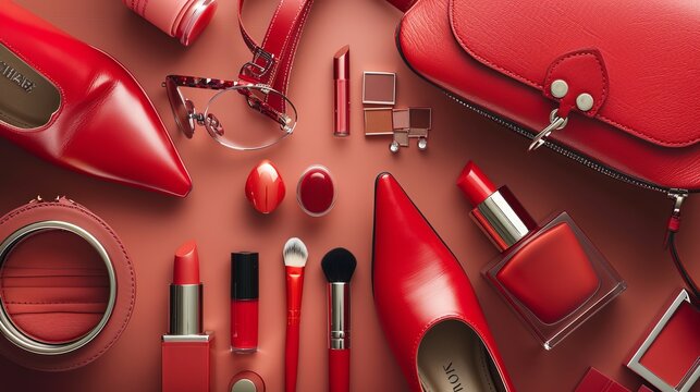 An overhead shot capturing essential beauty items including a red leather bag, red shoes, and cosmetics, presented from above