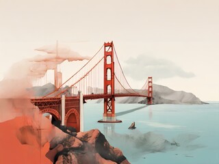 Golden Gate Glimpse: Contemporary Minimalist Collage Illustration of the Iconic USA Landmark