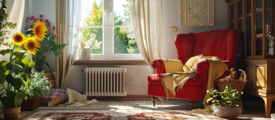 Obraz premium The living room has a warm and fashionable design with plenty of sunlight, including a comfortable sofa, a bold red chair, and vibrant sunflowers.