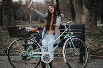 Young professional female in casual outfit capturing a moment with her bike in the city greenery.