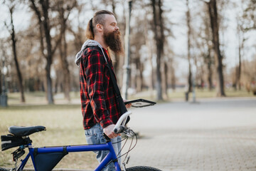 Stylish bearded businessman with a bike taking a break in an urban park while working remotely on a sunny day.