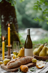 Wine, freshly baked baguette, ripe pears on a wooden outdoor table with candles