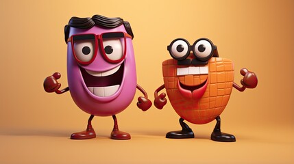 3D rendering of two funny cartoon characters. A purple blob and a peanut with arms, legs, and facial features.