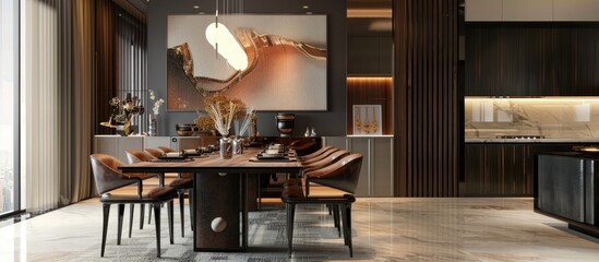 Contemporary dining room design featuring an elegant wooden table, fashionable chairs, and stylish decor accents. Layout for home interior decoration.