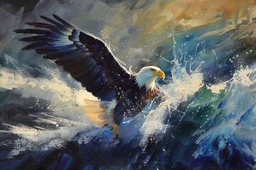 majestic eagle soaring over water portrait splash painting