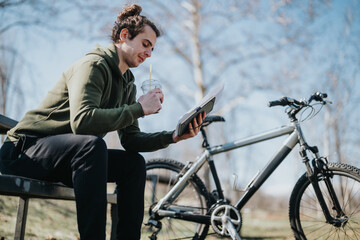 A casual moment as a young man sits on a park bench, sipping a drink and reading from a tablet, with his bicycle parked next to him. The scene conveys a relaxing daytime break outdoors.