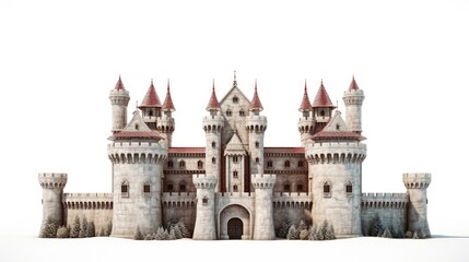 Fototapeta premium A majestic castle stands tall and proud, its towers reaching towards the sky. The castle is made of gray stone and has red roofs.