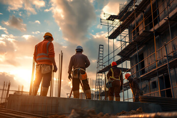 Team of the construction workers works on foundation of contemporary house.