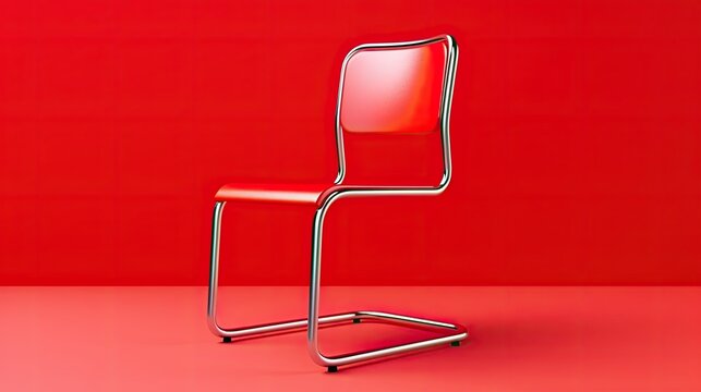 A simple red chair sits in the center of a red room. The chair is made of metal and has a sleek, modern design.