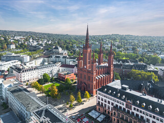 Aerial summer skyline cityscape of Wiesbaden-Mitte: Schlossplatz, Marktkirche. Wiesbaden, Hesse, Germany. 