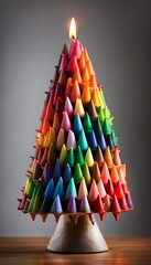 Generative AI Christmas tree made from melting multicolored crayons