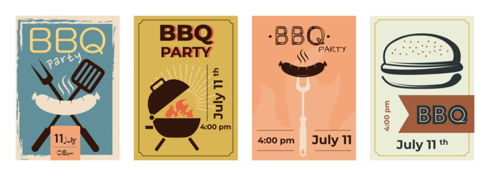 Grill Party Retro Poster Set .It's BBQ Time.Summer barbecue poster for party.Barbecue time banner collection. Vector Illustration
