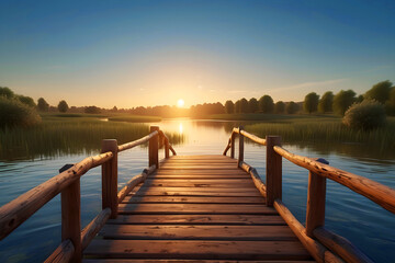 Illustration of a wooden bridge crossing a peaceful river at dusk. - obrazy, fototapety, plakaty