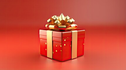 Obraz premium This is a 3D rendering of a red gift box with a gold ribbon and bow. The box is sitting on a red background.