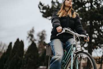 Focused woman enjoying a peaceful bike ride on a chilly day. She is donned in a winter jacket and jeans, exemplifying an active lifestyle.