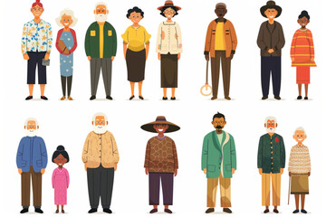 Elderly people characters set. Happy seniors, old men and women of different nations in full growth vector icon, white background, black colour icon
