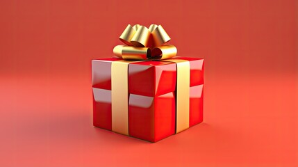 Fototapeta premium 3D rendering of a red gift box with a gold ribbon and bow on a red background.