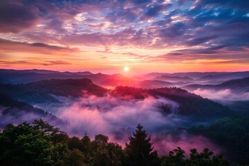 majestic sunrise over misty mountains landscape photography - obrazy, fototapety, plakaty