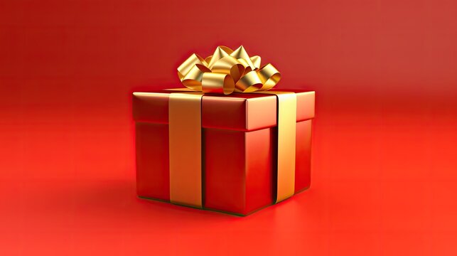 3D rendering of a red gift box with a gold ribbon and bow on a red background.