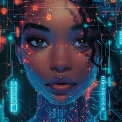 Illustration sophisticated black woman with circuit board hair, with cyberpunk style tech symbols and bold AI theme.