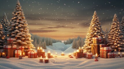 A beautiful winter landscape with two Christmas trees decorated with lights and ornaments. There is snow on the ground and in the trees.