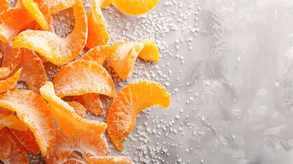 Candied orange peels sprinkled with sugar on textured surface