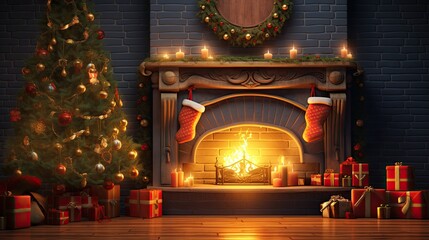 Obraz premium This is a beautiful image of a Christmas fireplace. The fireplace is made of red brick and has a wooden mantel.