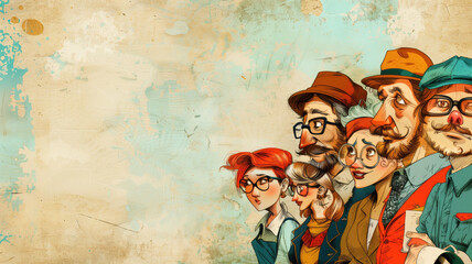 Illustration of five quirky, stylized characters with exaggerated features, wearing colorful retro outfits