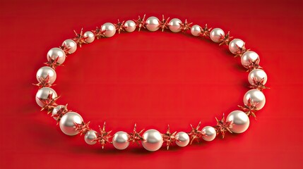 Fototapeta premium 3D rendering of a pearl necklace with red stars on a red background. The necklace is made of white pearls and gold stars.