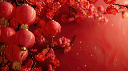 Red lanterns on branches with cherry blossoms against red background